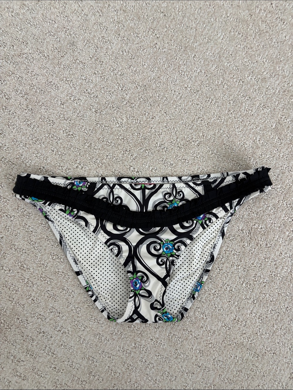 Betsey Johnson Black and White Floral Low Rise Bikini Bottom